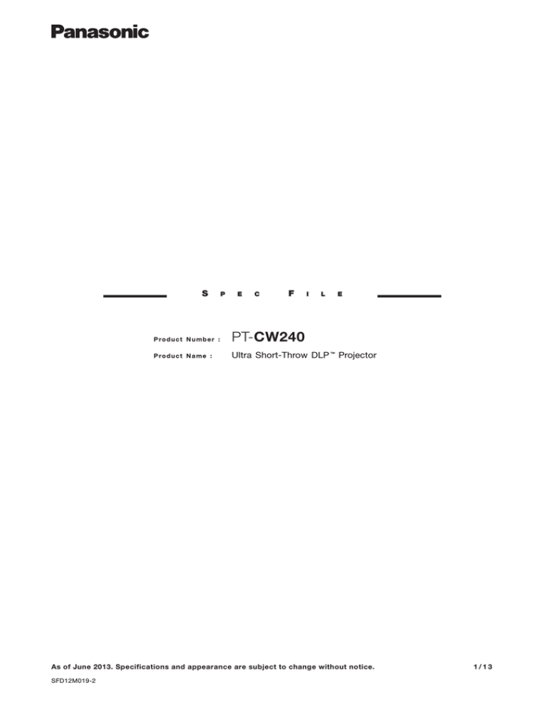 Panasonic PT-CW240U Specification Panasonic PT-CW240U Specification