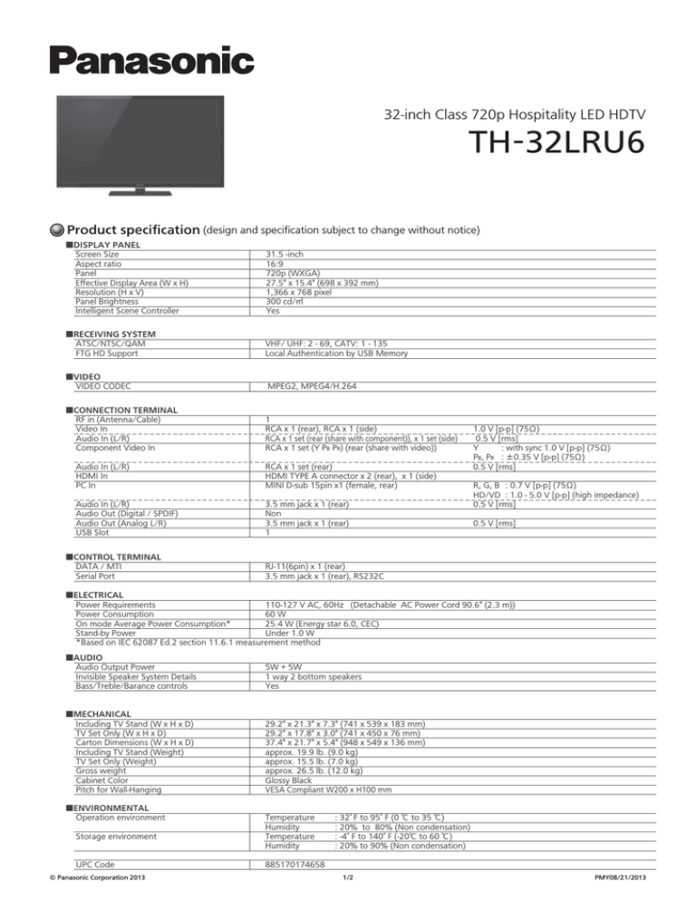 Panasonic TH-32LRU6U Specification Panasonic TH-32LRU6U Specification