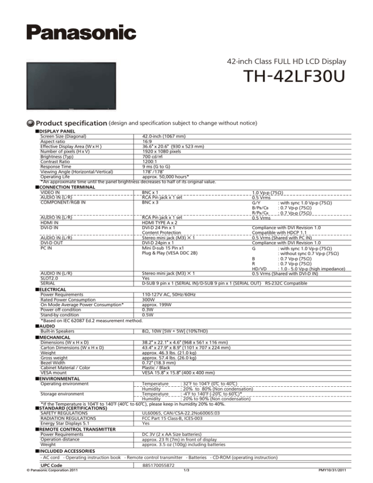 Panasonic TH-42LF30U Specification Panasonic TH-42LF30U Specification
