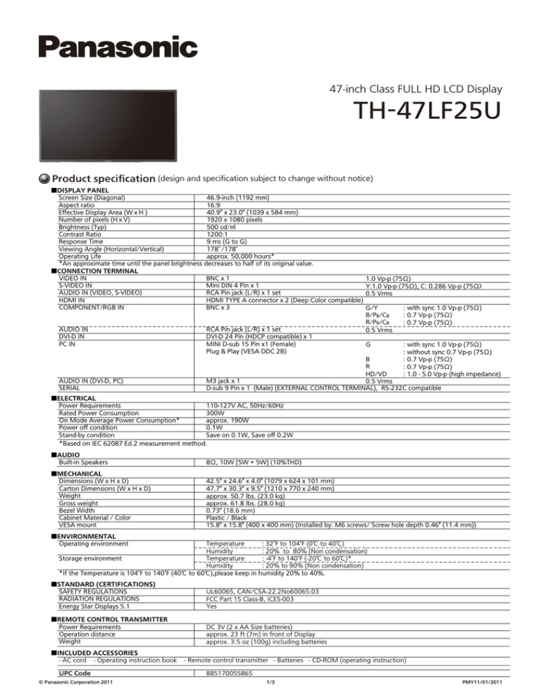 Panasonic TH-47LF25U Specification Panasonic TH-47LF25U Specification
