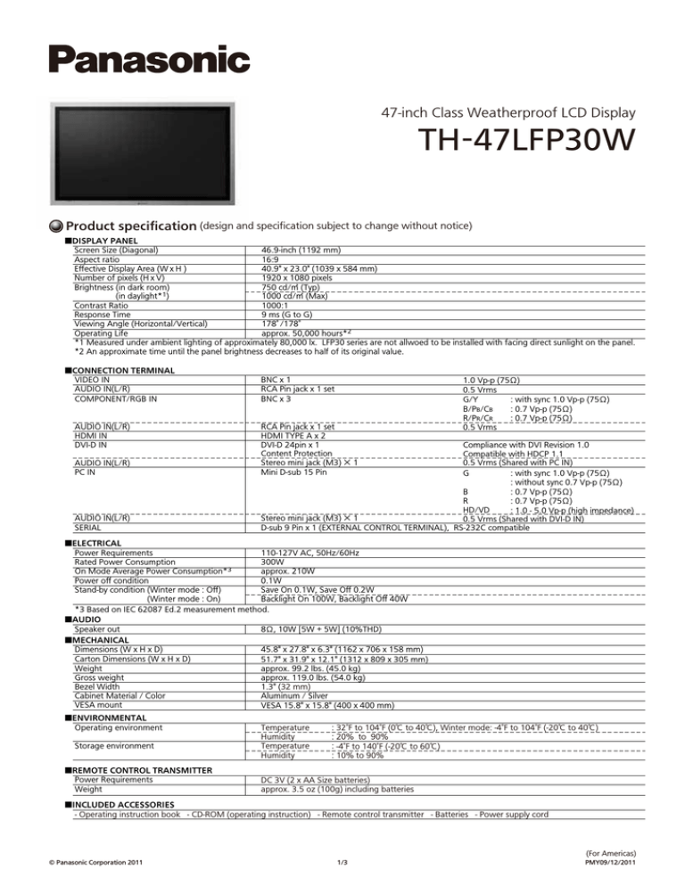 Panasonic TH-47LFP30W Specification Panasonic TH-47LFP30W Specification