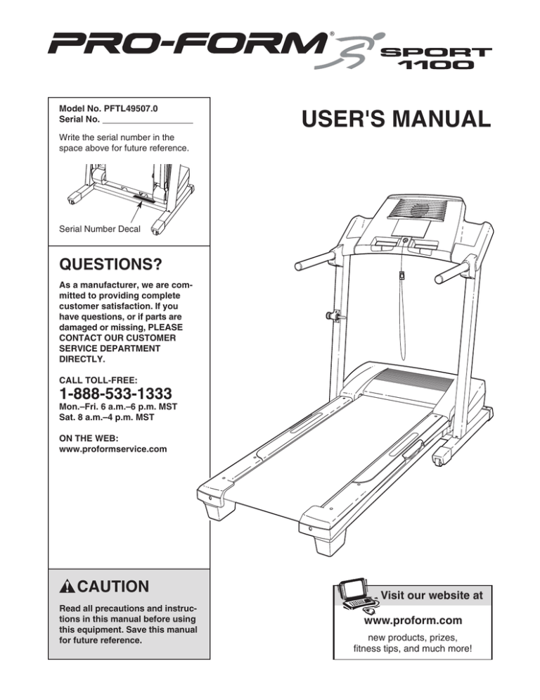 ProForm Treadmill PFTL49507.0 User manual ProForm Treadmill PFTL49507.0 User manual