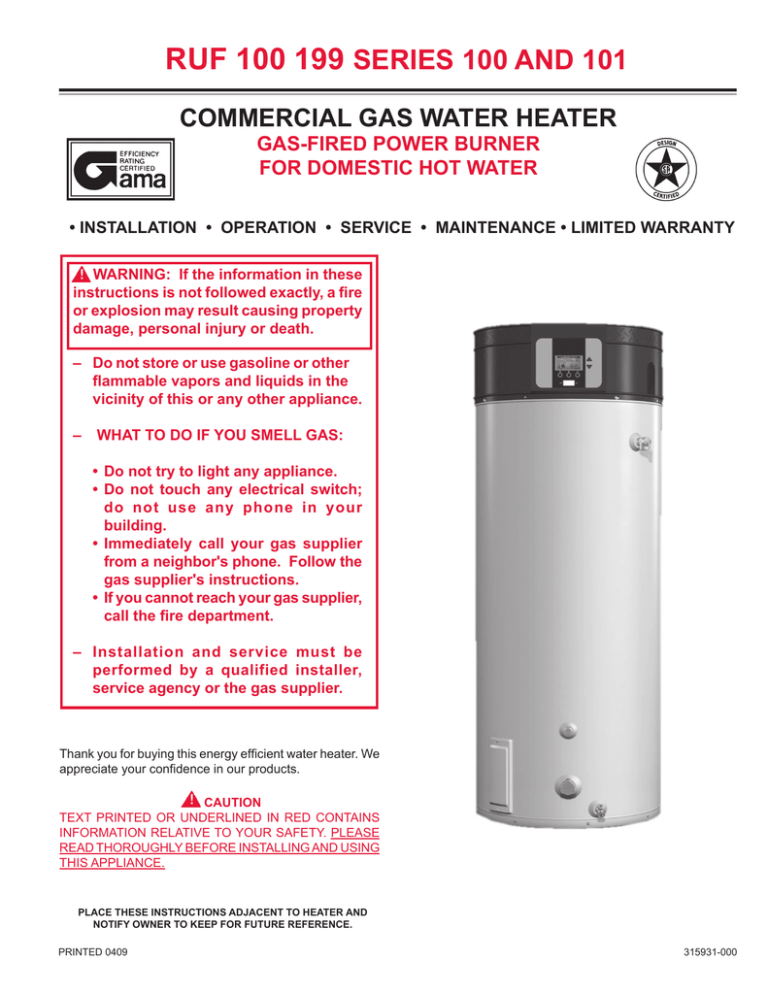 Reliance Water Heaters RUF 100 199 SERIES 100 User manual Reliance Water Heaters RUF 100 199 SERIES 100 User manual
