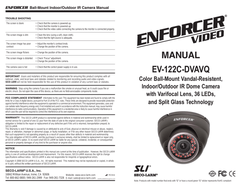 SECO-LARM USA Enforcer EV-122C-DVAVQ User's manual SECO-LARM USA Enforcer EV-122C-DVAVQ User's manual