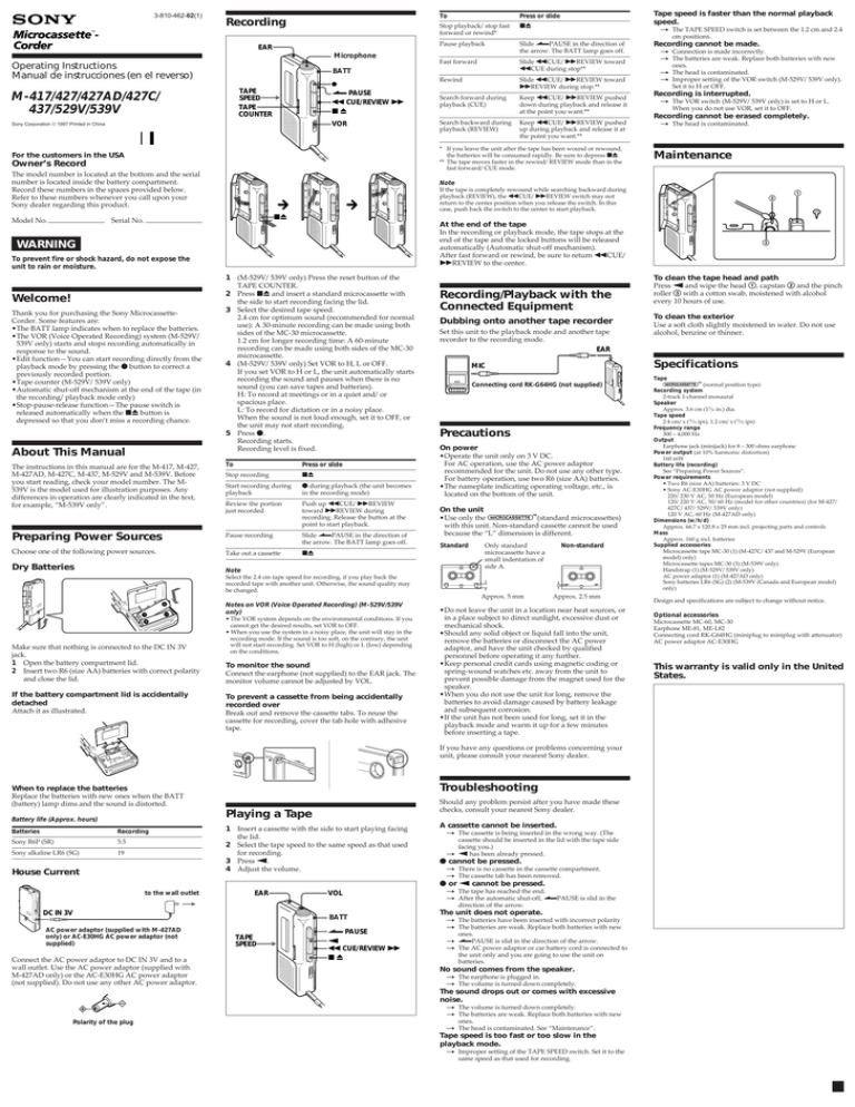 Sony 427AD, M-539V, M-427 User's manual Sony 427AD, M-539V, M-427 User's manual