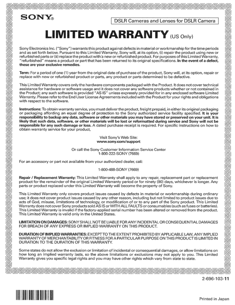 Sony A2302LENSBDL Warranty Sony A2302LENSBDL Warranty