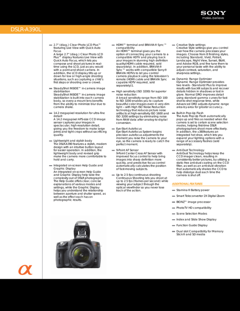 Sony A390L2LENSKIT Specification Sony A390L2LENSKIT Specification