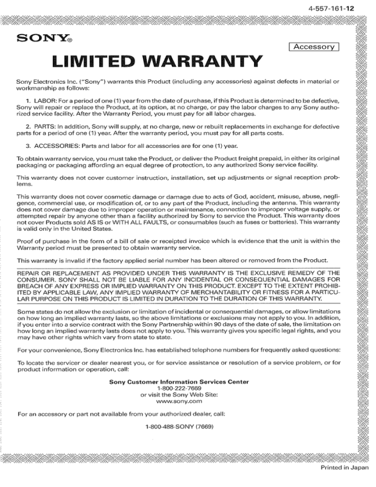 Sony AC-PW10AM Warranty Sony AC-PW10AM Warranty