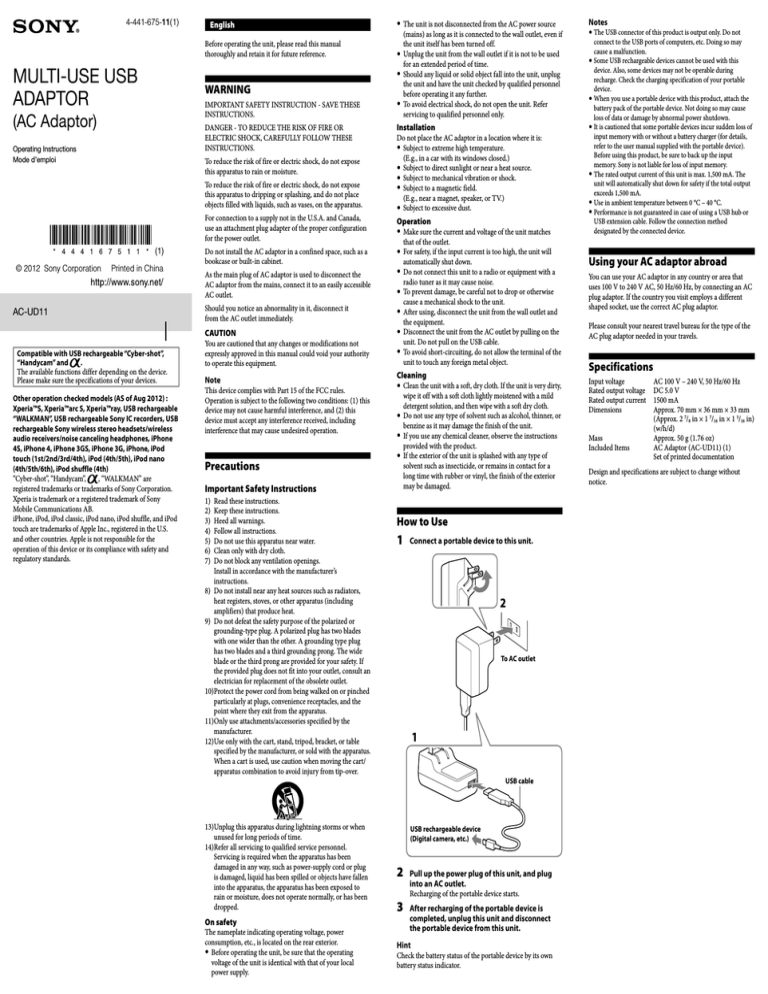 Sony AC-UD11 Owner's manual Sony AC-UD11 Owner's manual