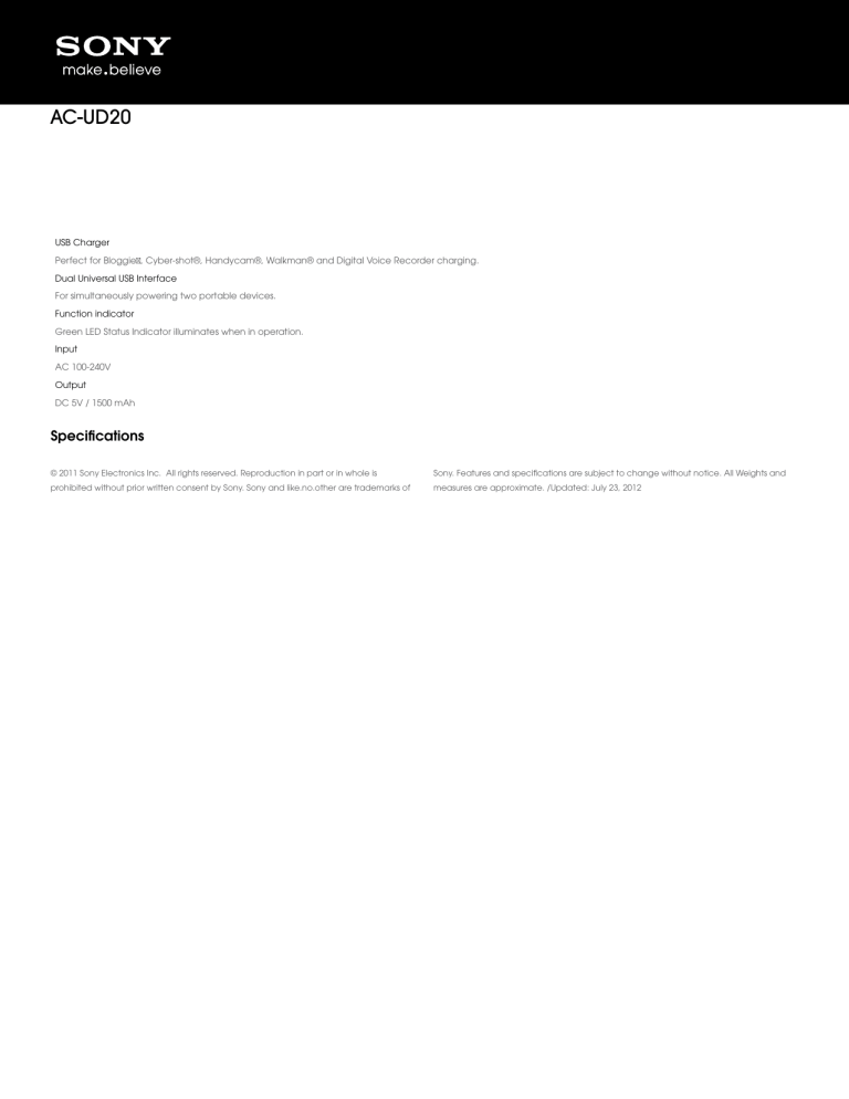 Sony AC-UD20 Specification Sony AC-UD20 Specification