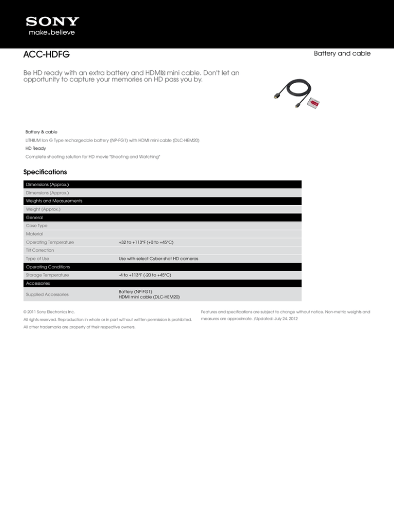 Sony ACC-HDFG Specification Sony ACC-HDFG Specification