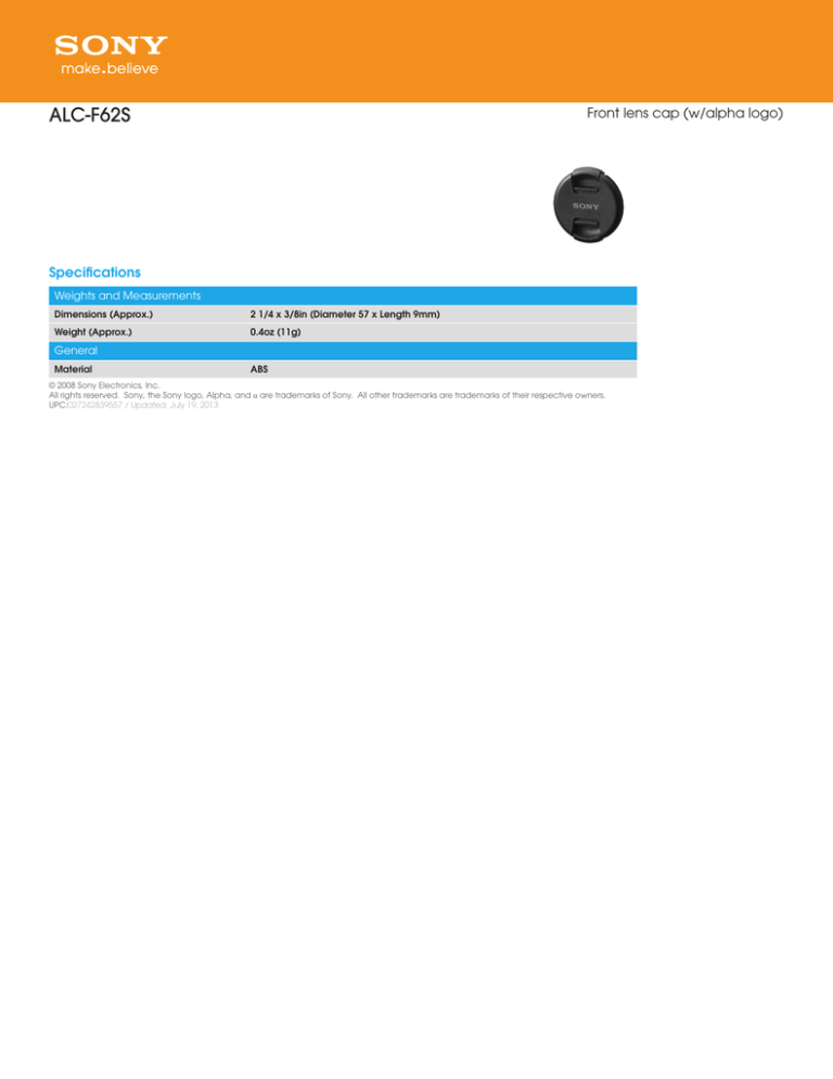 Sony ALC-F62S Specification Sony ALC-F62S Specification