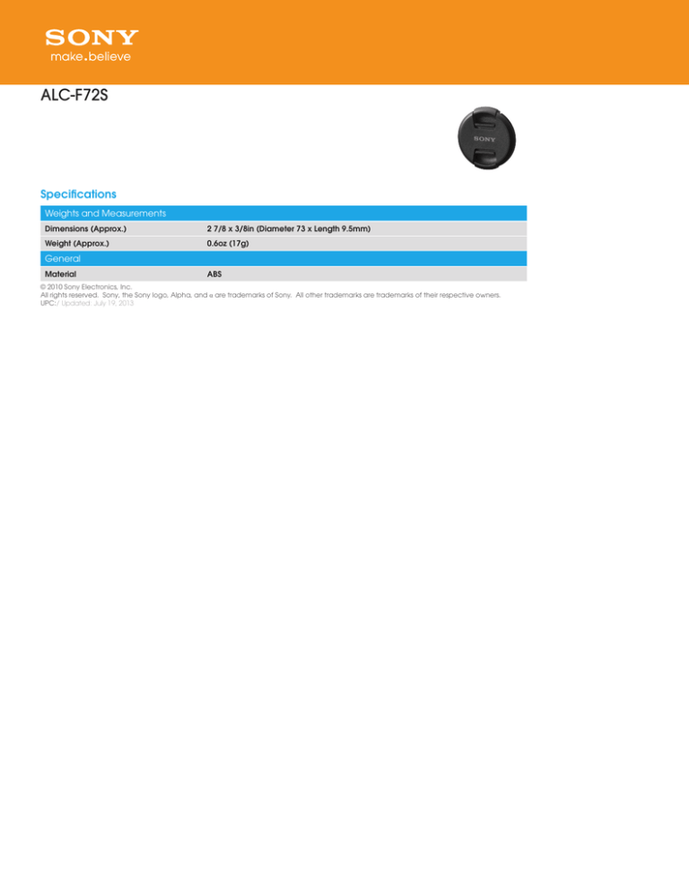 Sony ALC-F72S Specification Sony ALC-F72S Specification