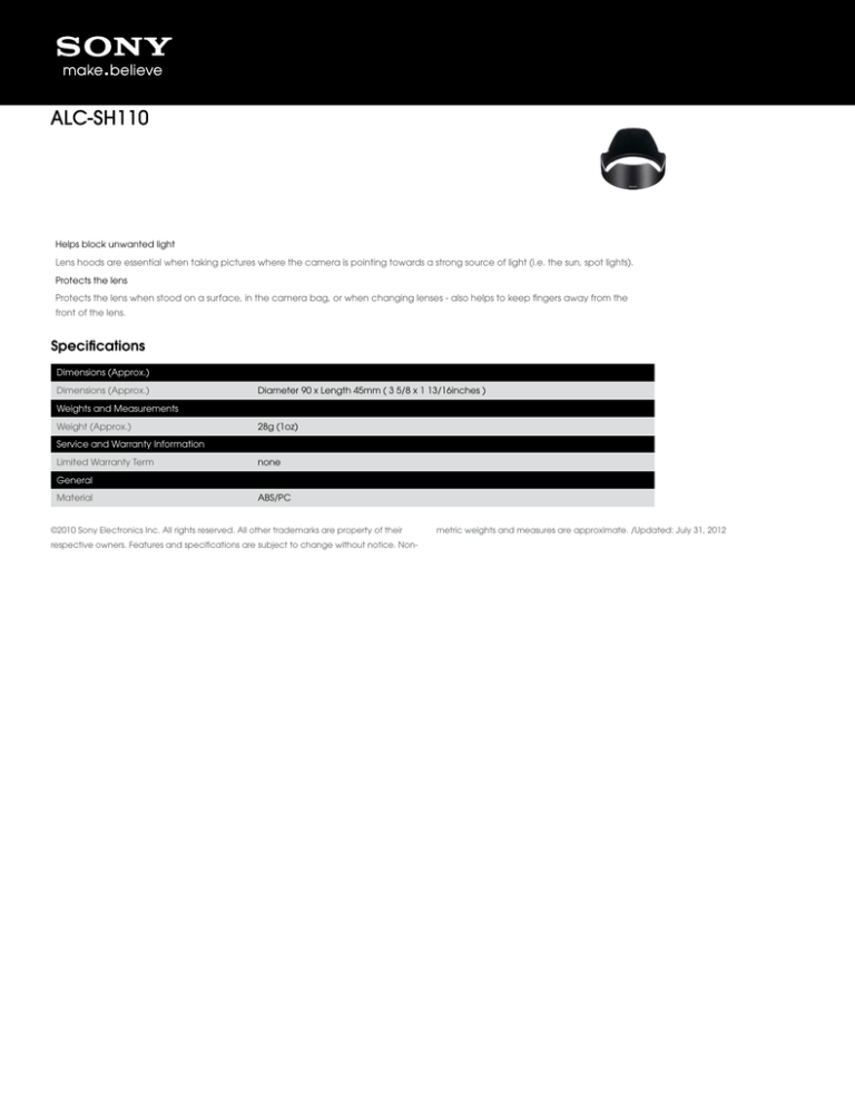 Sony ALC-SH110 Specification Sony ALC-SH110 Specification