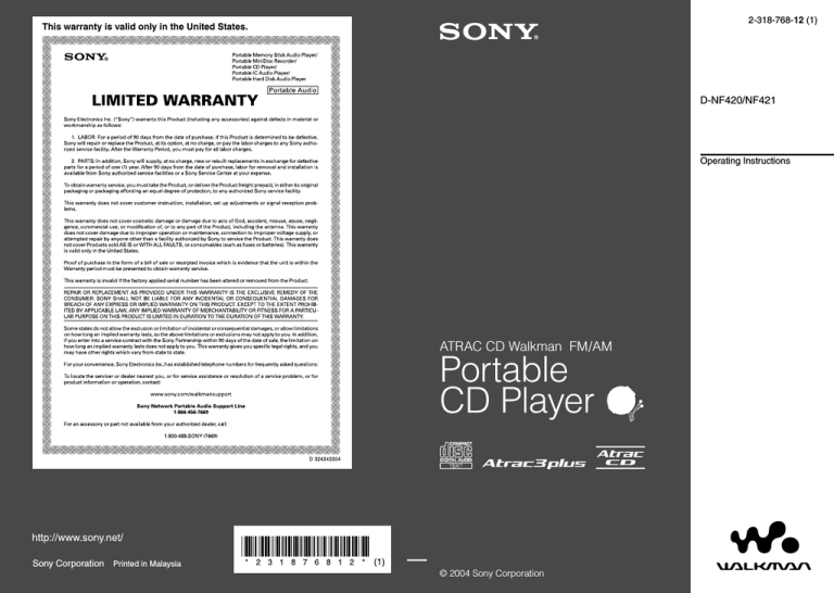 Sony D-NF420, Atrac3/MP3, D-NF421 User's manual Sony D-NF420, Atrac3/MP3, D-NF421 User's manual