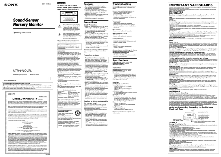 Sony BabyCall NTM-910DUAL User's manual Sony BabyCall NTM-910DUAL User's manual