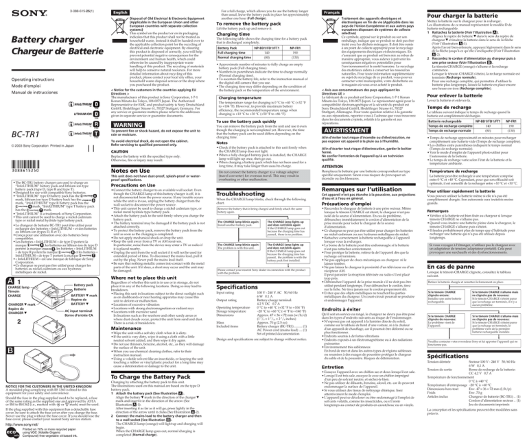 Sony BC-TR1 User's manual Sony BC-TR1 User's manual