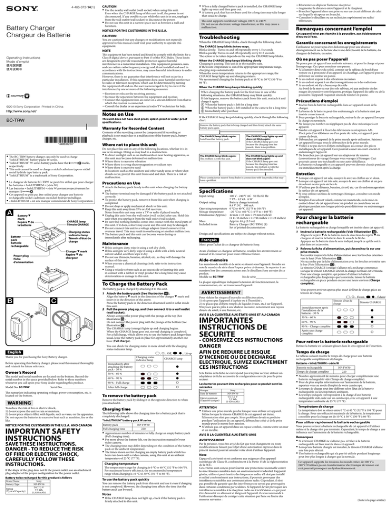 Sony BC-TRW Operating instructions Sony BC-TRW Operating instructions