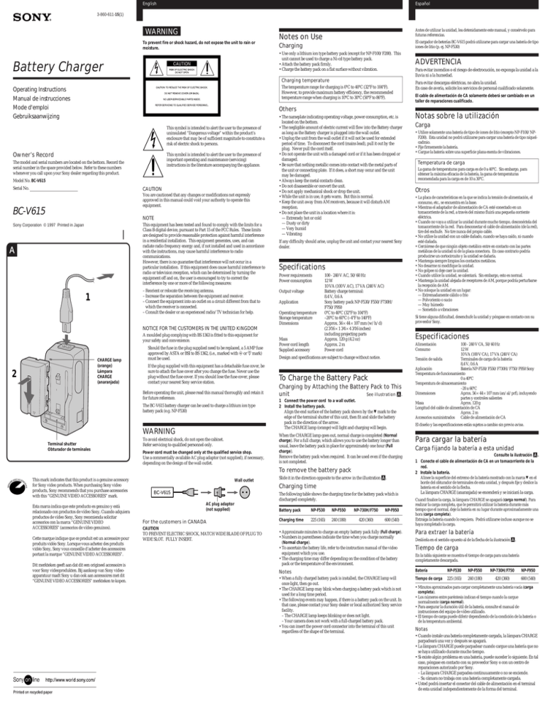 Sony BC V615, BC-V615 User's manual Sony BC V615, BC-V615 User's manual