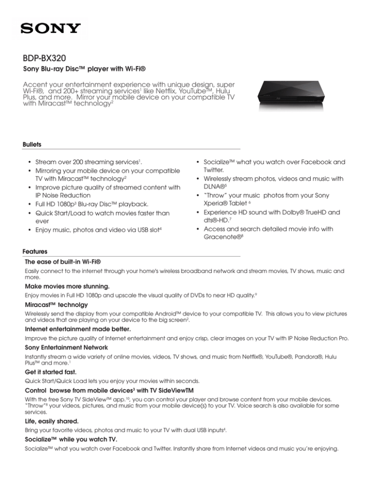 Sony BDP-BX320 Specification Sony BDP-BX320 Specification