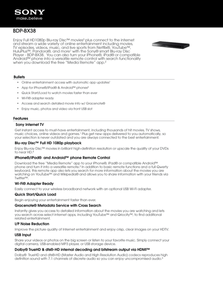 Sony BDP-BX38 Specification Sony BDP-BX38 Specification