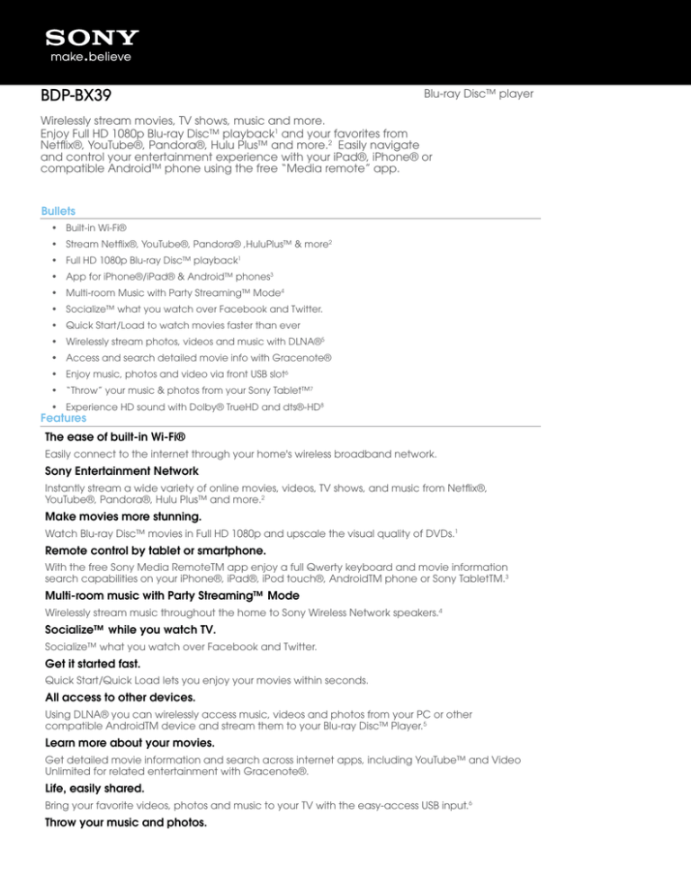 Sony BDP-BX39 Specification Sony BDP-BX39 Specification