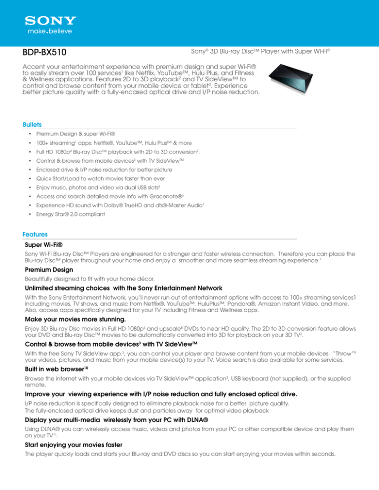 Sony BDP-BX510, BDP-S3100 Specification Sony BDP-BX510, BDP-S3100 Specification