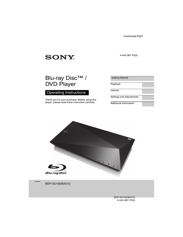 Sony BDP-BX510 Operating instructions Sony BDP-BX510 Operating instructions