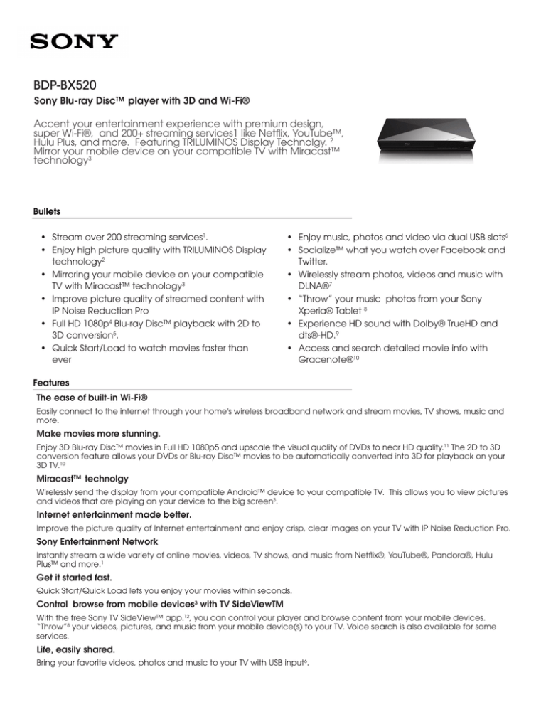 Sony BDP-BX520 Specification Sony BDP-BX520 Specification