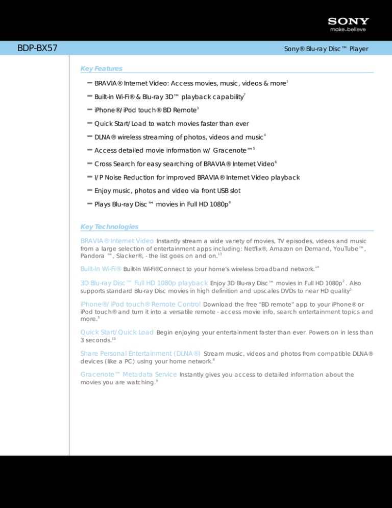 Sony BDP-BX57 Specification Sony BDP-BX57 Specification