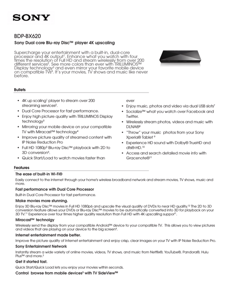 Sony BDP-BX620 Specification Sony BDP-BX620 Specification
