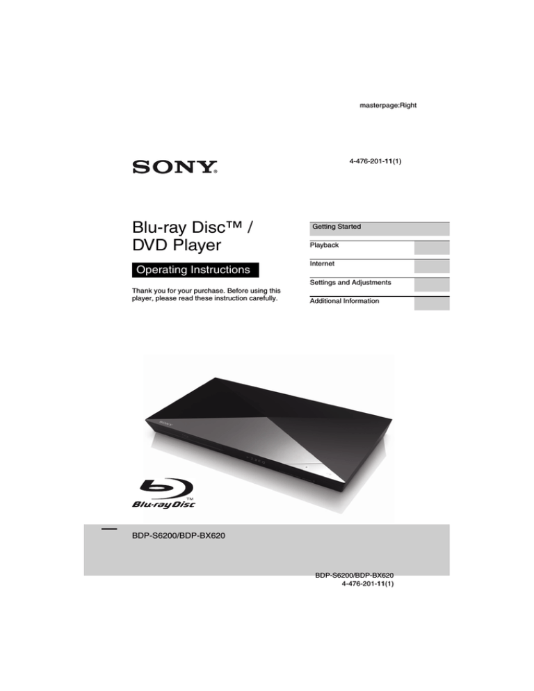 Sony BDP-BX620 Operating instructions Sony BDP-BX620 Operating instructions