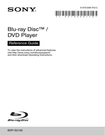Sony BDP-S2100 Reference guide Sony BDP-S2100 Reference guide