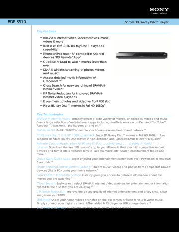 Sony BDP-S570 Specification Sony BDP-S570 Specification
