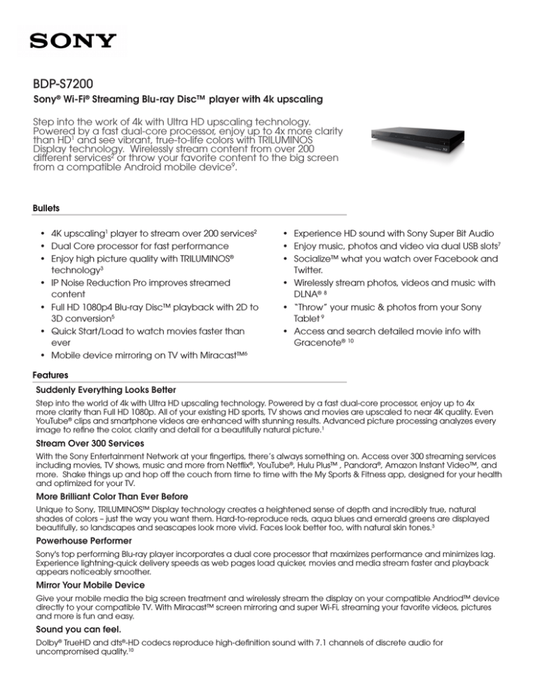Sony BDP-S7200 Specification Sony BDP-S7200 Specification