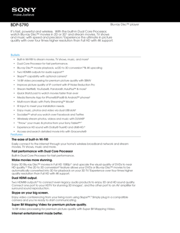 Sony BDP-S790 Specification Sony BDP-S790 Specification