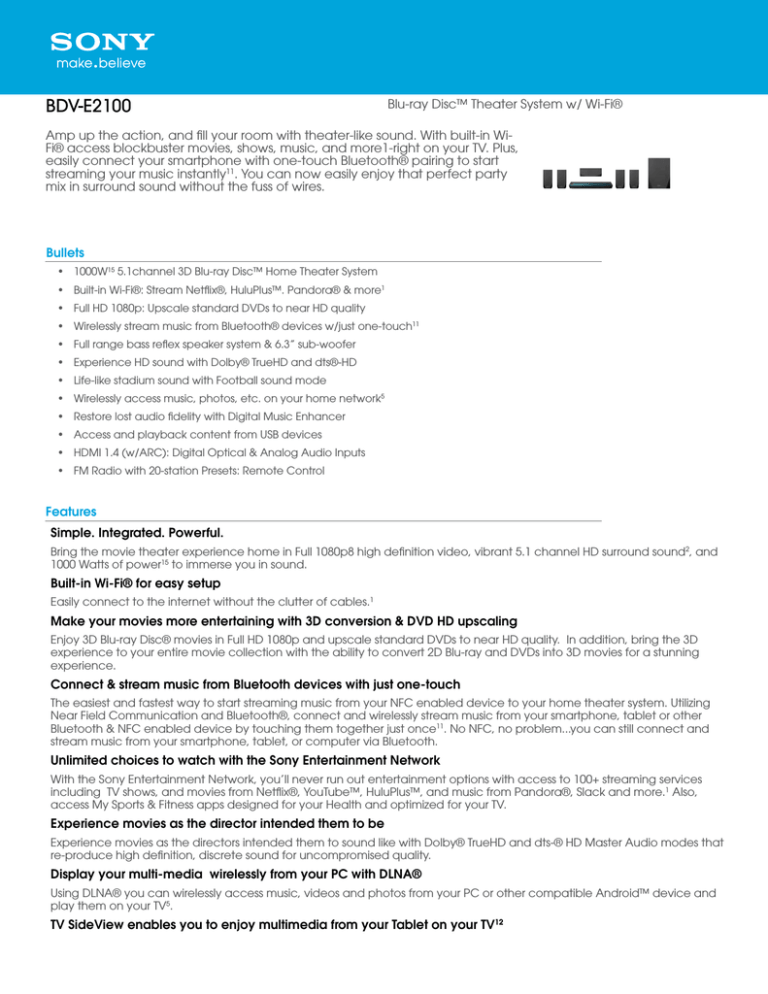 Sony BDV-E3100, BDV-E2100 Specification Sony BDV-E3100, BDV-E2100 Specification