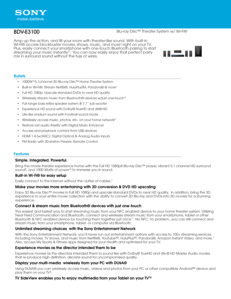 Sony BDV-E3100 Specification Sony BDV-E3100 Specification