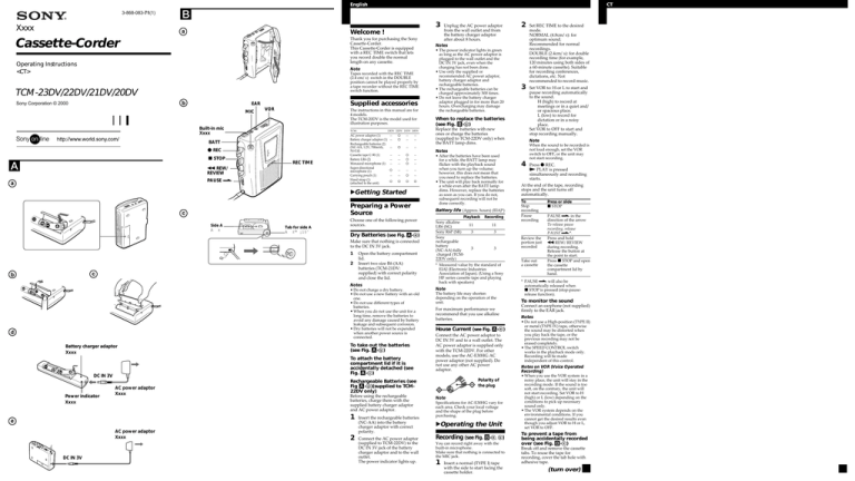 Sony TCM-23DV, TCM-20DV, Cassette-Corder TCM-23DV User's manual Sony TCM-23DV, TCM-20DV, Cassette-Corder TCM-23DV User's manual