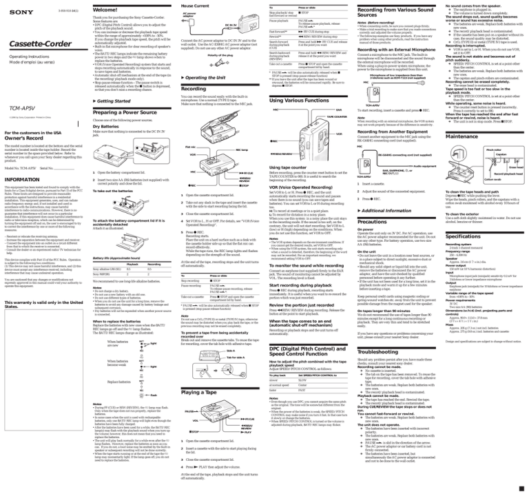 Sony TCM-AP5V, Cassette-Corder TCM-AP5V User's manual Sony TCM-AP5V, Cassette-Corder TCM-AP5V User's manual
