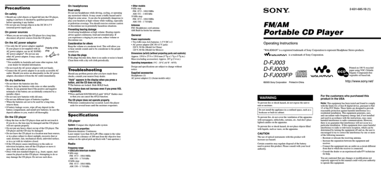 Sony D-FJ003, D-FJ0030 User's manual Sony D-FJ003, D-FJ0030 User's manual