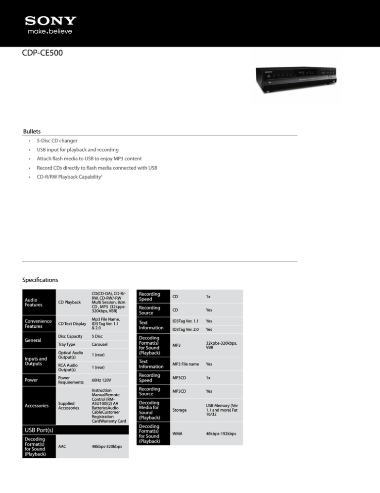Sony CDP-CE500 Specification Sony CDP-CE500 Specification