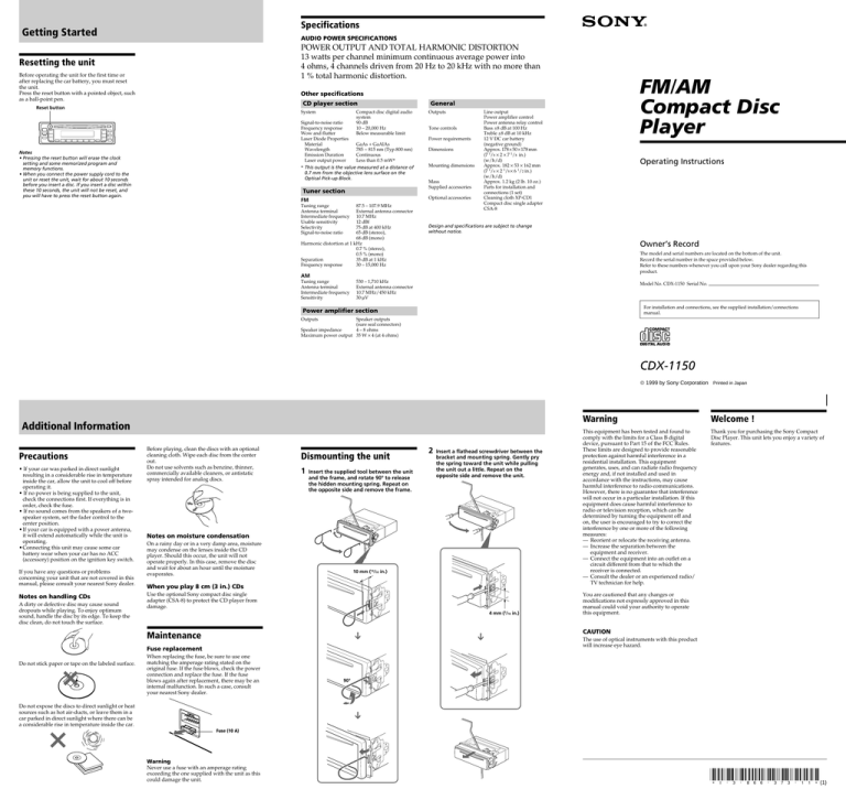 Sony CDX-1150 User's manual Sony CDX-1150 User's manual