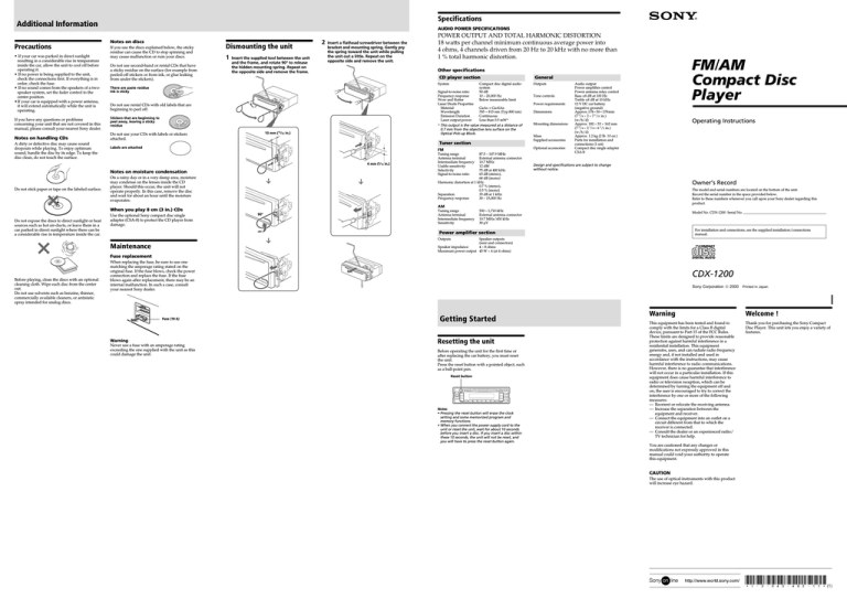 Sony CDX-1200 User's manual Sony CDX-1200 User's manual