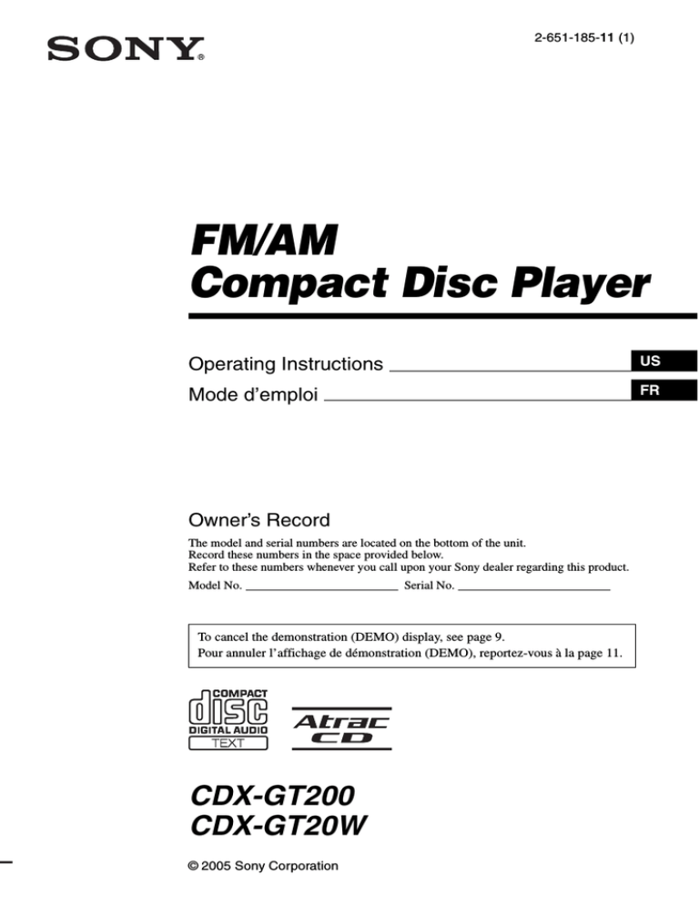 Sony CDX-20W, CDX-GT200 User's manual Sony CDX-20W, CDX-GT200 User's manual
