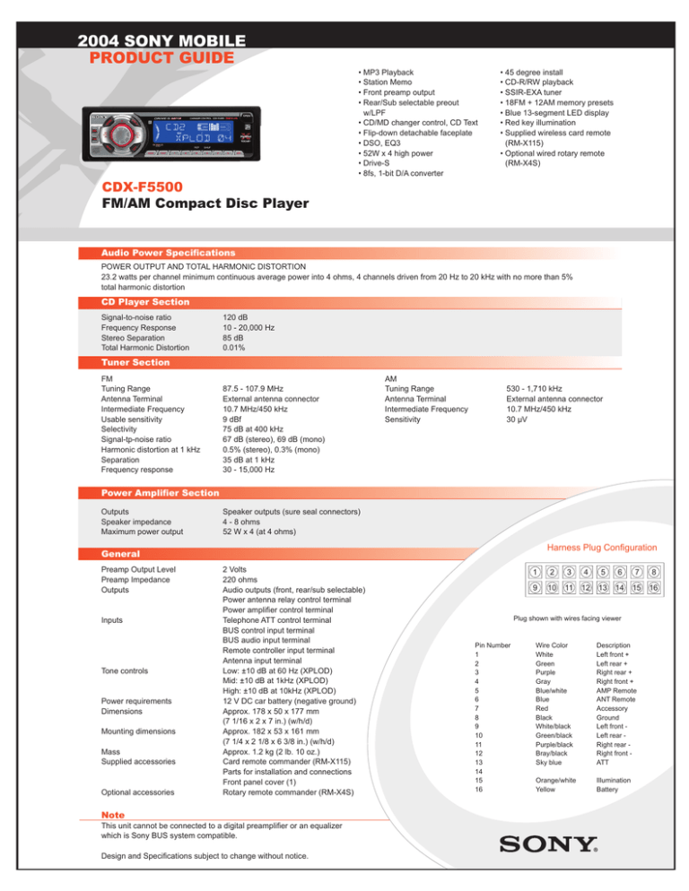 Sony CDX-F5500 Specification Sony CDX-F5500 Specification