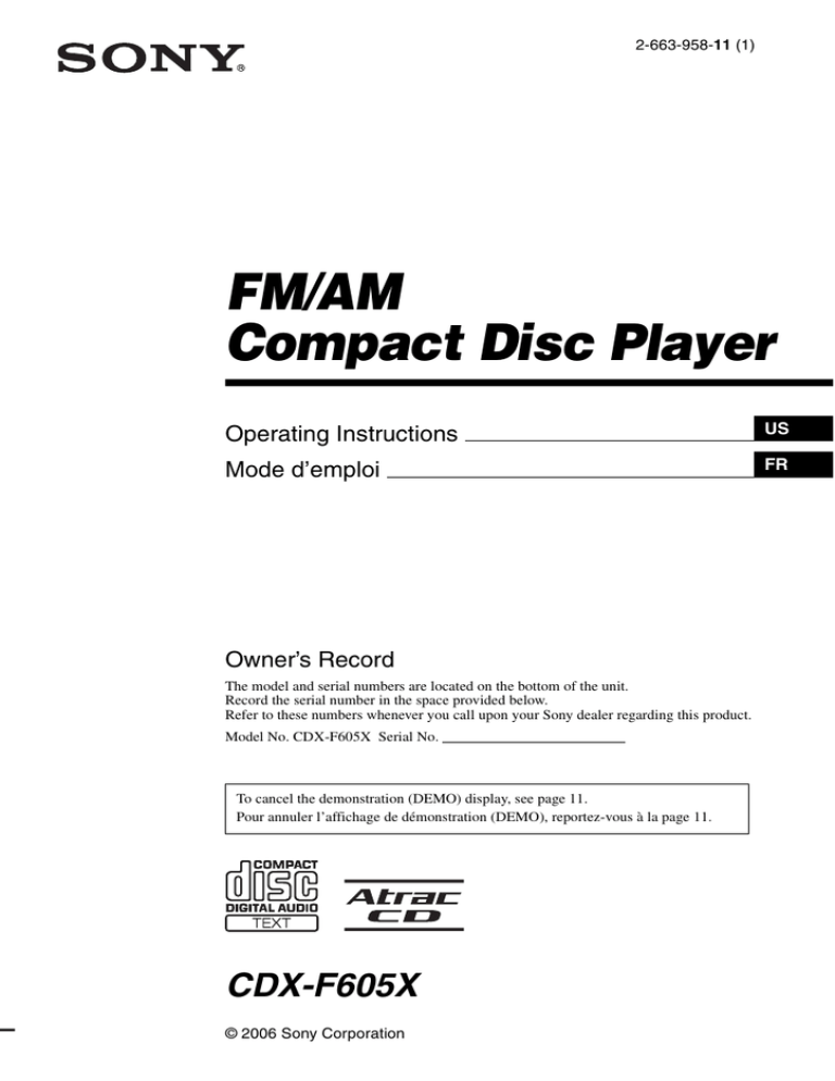 Sony CDX-F605X User's manual Sony CDX-F605X User's manual