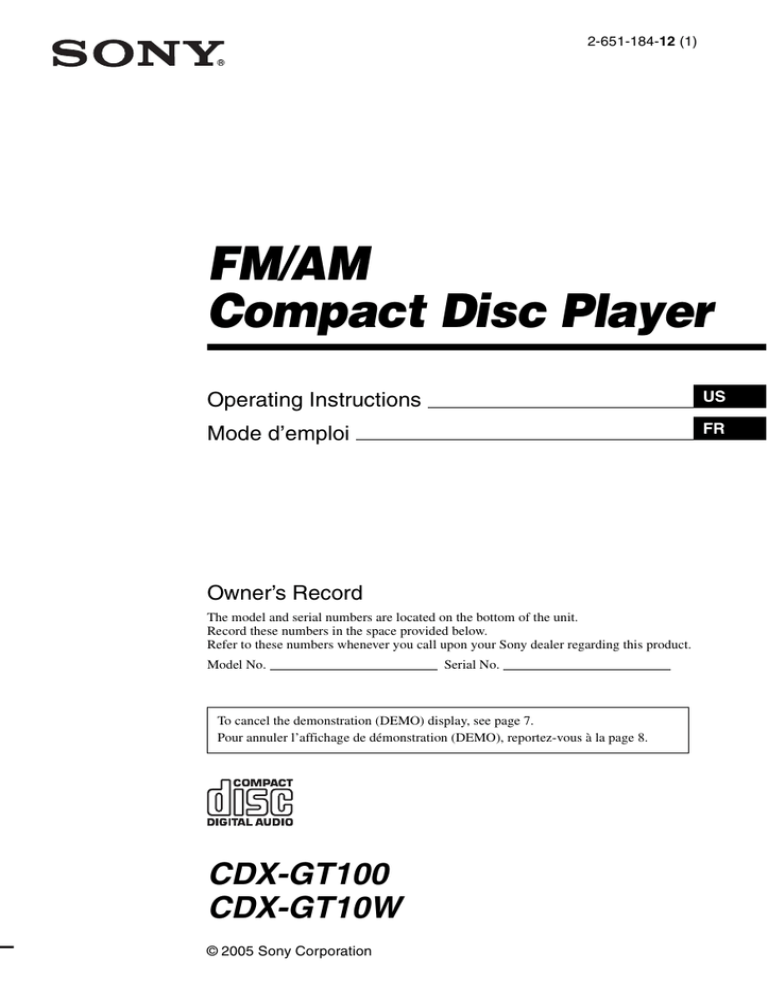 Sony CDX-GT100 User's manual Sony CDX-GT100 User's manual