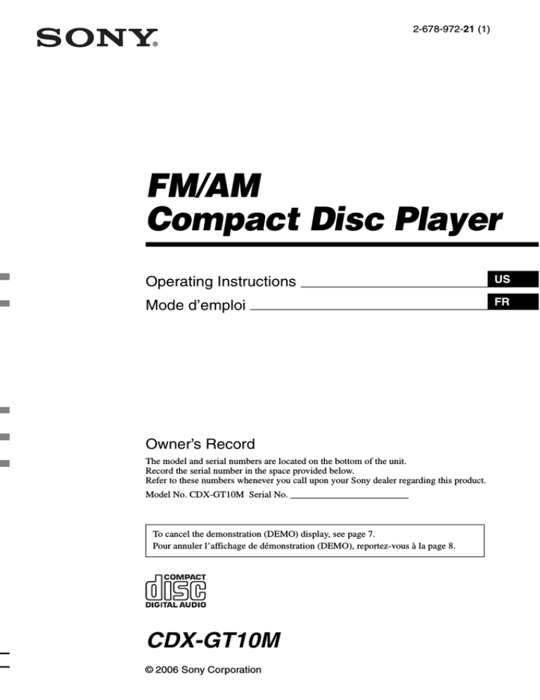 Sony CDX-GT10M User's manual Sony CDX-GT10M User's manual