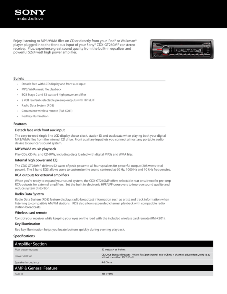 Sony CDX-GT260MP Specification Sony CDX-GT260MP Specification